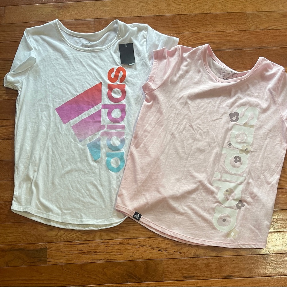 Adidas Kids' White and Pink Graphic Tees Girls 10/12